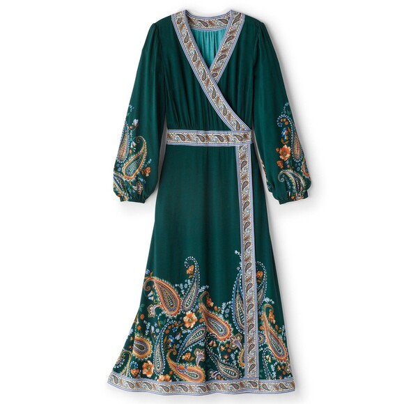 NEW TAGS Soft Surroundings Parry Maxi Dress Long Sleeve Green Faux Wrap SMALL - Picture 1 of 15